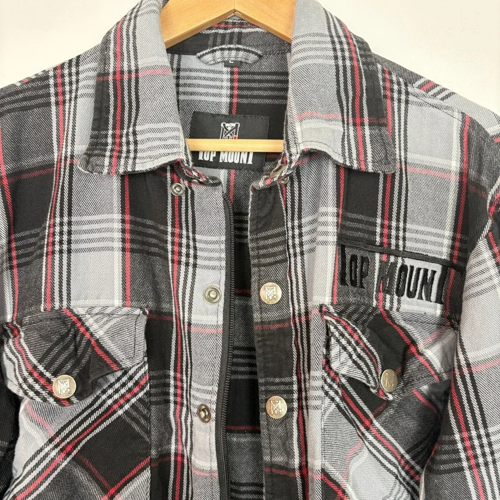 Top Mount Mens Full Zip Snap Grappler Flannel Shirt Size L Black Red Plaid Biker